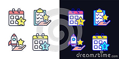 Employee bonus program pixel perfect light and dark theme color icons set Vector Illustration