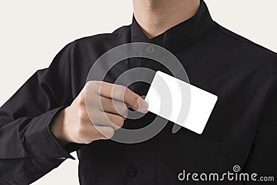 Employee catch blank business card in pocket for mockup template Stock Photo