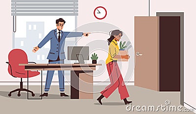 Employee dismissal. Angry boss and unhappy sad woman with things box leaves office, career end, unemployment, fired Vector Illustration