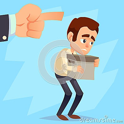 Employee gets fired from his work. Sad businessman holds box, hand pointing forward, you are fired text. Flat style illustr Cartoon Illustration