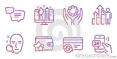 Employee hand, Change card and Text message icons set. Creative design, Loyalty program and Face search signs. Vector Vector Illustration