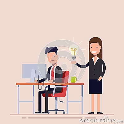 Employee helps with the idea of a colleague being in despair. Help in a difficult situation. Workflow in the office Vector Illustration