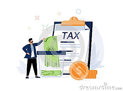 Employee holding scissors to cut banknotes. Reduction of income due to tax deduction for tiny woman flat vector. Vector Illustration