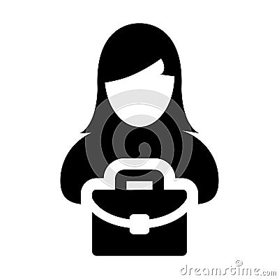 Employee icon vector female person profile avatar symbol with briefcase for business in flat color glyph pictogram Vector Illustration