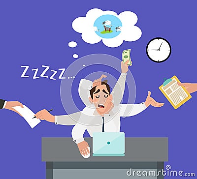 Employee in the office count sheep in his sleep on table Vector Illustration