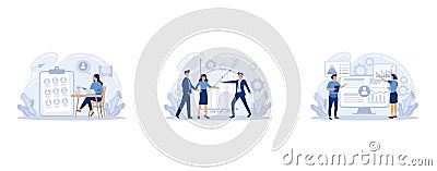 Employee performance evaluation, HR department, increasing employee engagement banners set. Fellow workers assessment concept. Vector Illustration