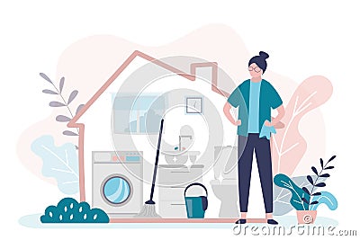 Employee of professional cleaning company. Housekeeper washed restroom to a shine. Various cleaning and washing tools Vector Illustration