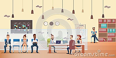 Employee Queue, People Work by Desk at Office Vector Illustration