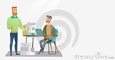 Employee receiving lot of paperwork. Vector Illustration