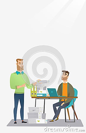 Employee receiving lot of paperwork. Vector Illustration