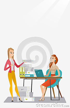 Employee receiving lot of paperwork. Vector Illustration