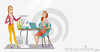 Employee receiving lot of paperwork. Vector Illustration