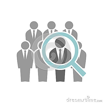 Employee recruiting concept illustration. Group of businessmen and a magnifying glass. Human resources hiring icon. Vector Illustration