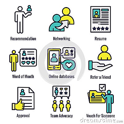 Employee Referral Process Icon Set with Networking, Recommendation, reference Vector Illustration