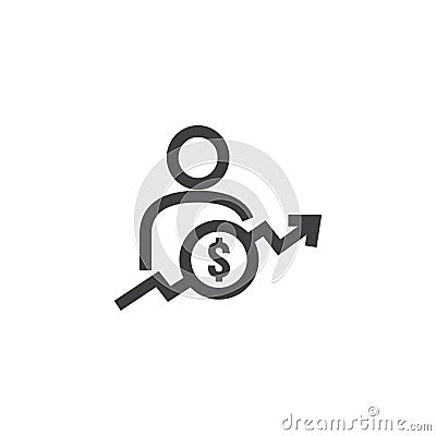 employee salary increase icon on white background with people, arrow up graphic and dollar money symbol. raise revenue business Vector Illustration