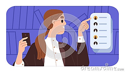 Employee, sales manager calling client, customer. Office worker scrolling contact list of contractors, partners on Vector Illustration