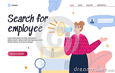 Employee search website banner - HR woman with loudspeaker Vector Illustration
