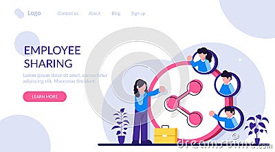 Employee sharing concept. Woman with a briefcase stands near a large Share sign with portraits of people or employees Vector Illustration