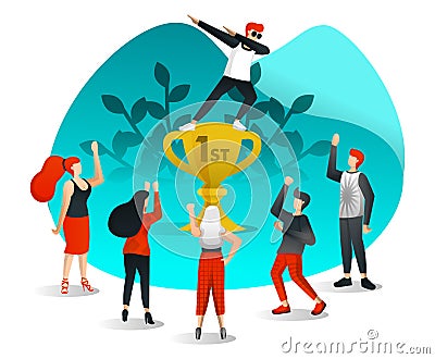 Employee Successfully Achieve Target, Celebrate by Standing in First Trophy and Appreciated by Colleagues. Flat Cartoon Style. Vec Vector Illustration