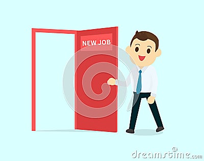 Employee walk and open red door with new job text vector Vector Illustration