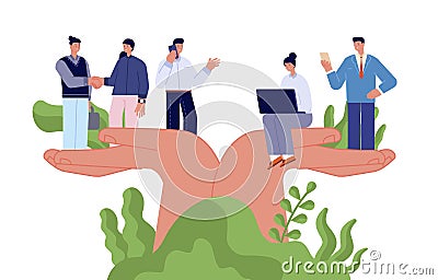 Employee wellbeing. Corporate protection, benefits caring business people. Giant hands holding tiny workers Vector Illustration