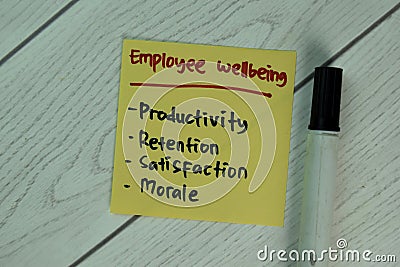 Employee Wellbeing write on sticky notes isolated on Wooden Table Stock Photo