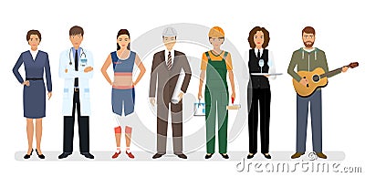 Employee and workers characters standing together with doctor, engineer and musician. Group of seven people Vector Illustration