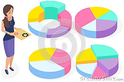 Employee works with statistical indicators in form of pie chart, data analysis and settings Vector Illustration