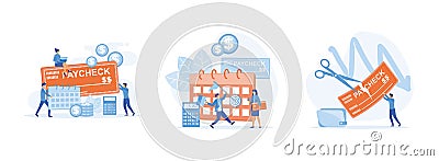 Employees and calendar with payday and a paycheck. calculator and tiny business people getting a paycheck. Vector Illustration