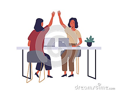 Employees in coworking open office flat vector illustration. Women giving high five at workplace cartoon characters Vector Illustration