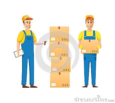 Employees of customs point, in branded clothes, check the goods. Vector Illustration