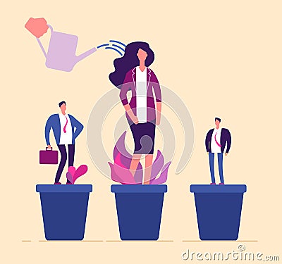 Employees growth. Business professional people in flowerpot development training growing management career human Vector Illustration