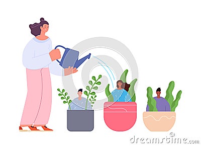 Employees growth. Mentorship concept, manager watering young team. People sit in pots with plants and boss, business Vector Illustration