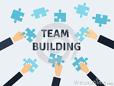 Employees holding and connecting puzzle pieces together. Teamwork and Corporate Culture vector concept in flat style. Stock Photo