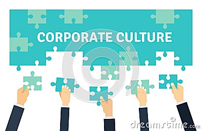 Employees holding and connecting puzzle pieces together. Corporate Culture and Teamwork Vector illustration n flat style. Cartoon Illustration