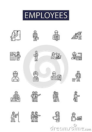 Employees line vector icons and signs. Personnel, Staff, Associates, Colleagues, Team, Workers, Hires, Employees outline Vector Illustration