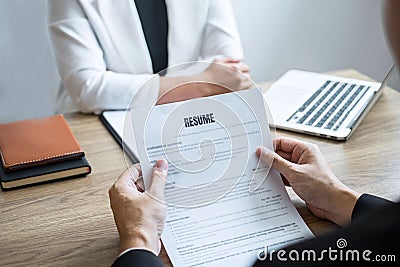 Employer arriving for a job interview, businessman listen to candidate answers explaining about his profile and colloquy dream job Stock Photo