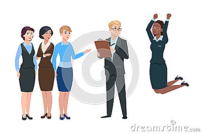 Employer choose worker. Man recruit from crowd women. Happy hired person and dissatisfied employees. Business promotion Vector Illustration