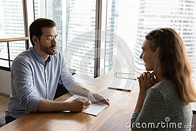 Employer, recruiter, hr manager interviewing job candidate Stock Photo