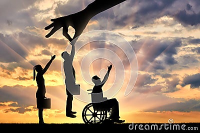 Employer`s hand chooses a healthy worker from a crowd of people and not an invalid in a wheelchair Stock Photo