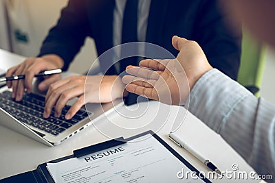 Employers come to apply for jobs, are telling information about work history for managers Stock Photo