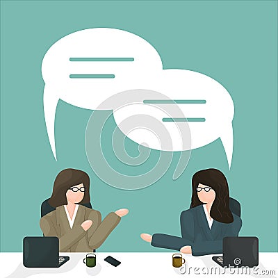 Employers or employees in office jackets or students, teachers, instructors with glasses near working place with laptops, tea cups Vector Illustration