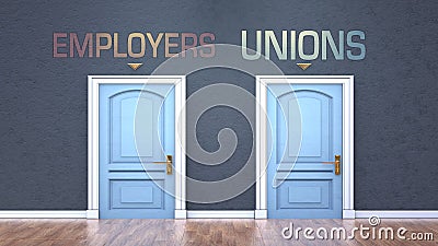 Employers and unions as a choice - pictured as words Employers, unions on doors to show that Employers and unions are opposite Cartoon Illustration