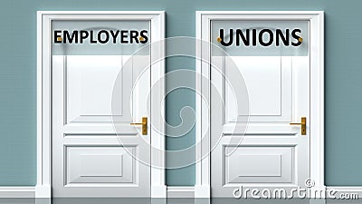 Employers and unions as a choice - pictured as words Employers, unions on doors to show that Employers and unions are opposite Cartoon Illustration