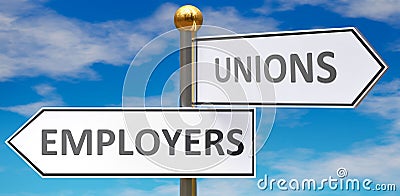 Employers and unions as different choices in life - pictured as words Employers, unions on road signs pointing at opposite ways to Cartoon Illustration