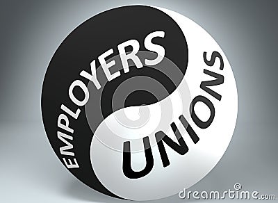 Employers and unions in balance - pictured as words Employers, unions and yin yang symbol, to show harmony between Employers and Cartoon Illustration
