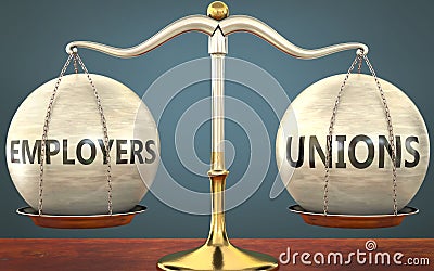 Employers and unions staying in balance - pictured as a metal scale with weights and labels employers and unions to symbolize Cartoon Illustration