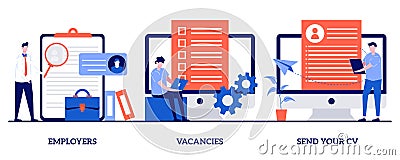 Employers, vacancies, send your CV concept with tiny people. Apply for a job abstract vector illustration set. Hiring, hr service Cartoon Illustration