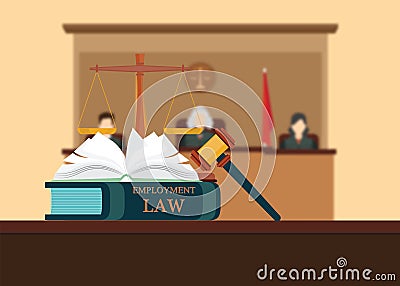 Employment Law books with a judges gavel. Vector Illustration