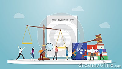 Employment law concept with document paper and gavel scales and people employee with modern flat style Vector Illustration